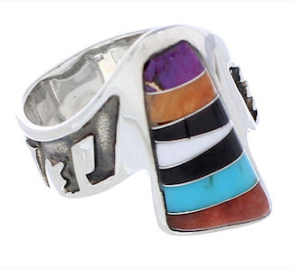 Multicolor Inlay Southwest Silver Ring Size 7-1/2 EX61136